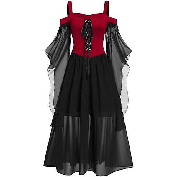 Maxikjole med sommerfugleærmer til kvinder, middelalder punk gotisk tøj, sexet Halloween kostume, kjoler med kolde skuldre og korset C-red XX-Large