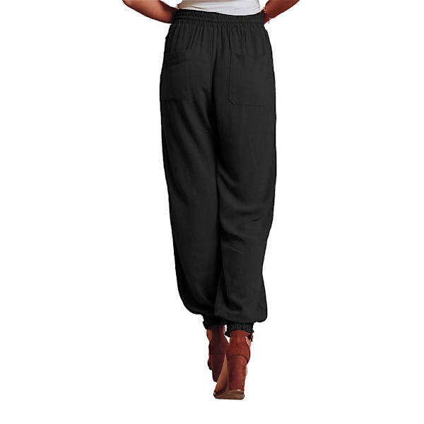 Dame Ensfarvede Joggingbukser med Elastisk Talje, Snøre og Snørebånd, Lange Afslappede Bukser Black L