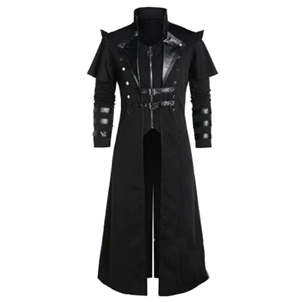 Vintage Halloween Medeltida Steampunk Assassin Alver Piratdräkt Vuxen Män Svart Lång Delad Jacka Gotisk Rustning Läderrockar Gray XXXXXL