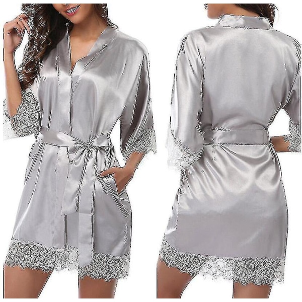 Satin Kåbe Bryllup Brud Brudepige Kimono Morgenkåbe Natkjole Badekåbe -c Grey S