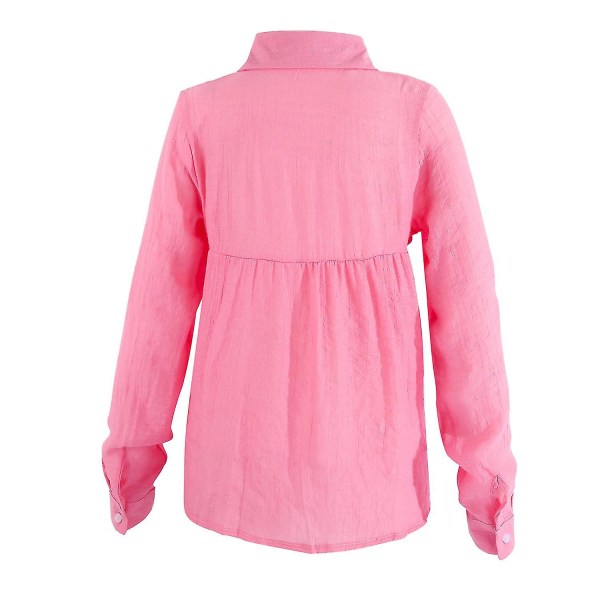 Dame V-hals T-skjorte Langermet Bluse med Knapper Pink 3XL