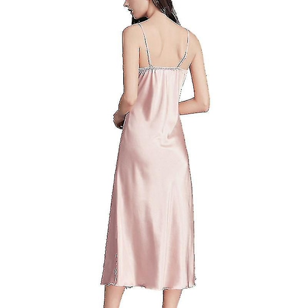 Dam Satin Nattlinnen Lång Chemise Sexig Ärmlös Sidoslits Nattklänning Spaghettiband Sovkläder Pink 2 S