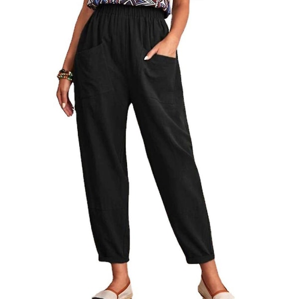 Cropped bukser med elastisk talje, løse, afslappede, lange, ensfarvede bukser Black 3XL
