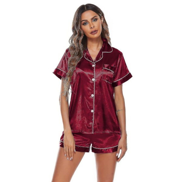 Siden Satin Pyjamas Set Dam Kortärmad Sovkläder Mjuka Pjs Shorts Set Storlek: S red XL