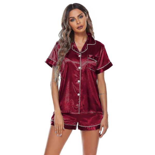 Siden Satin Pyjamas Set Kvinnors Kortärmad Nattkläder Mjuk Pjs Shorts Set Storlek: S red XL