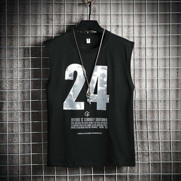 Herr Sommar Lös Ärmlös T-shirt Mjukt Material Man Nummer 24 Sportkläder Black XL