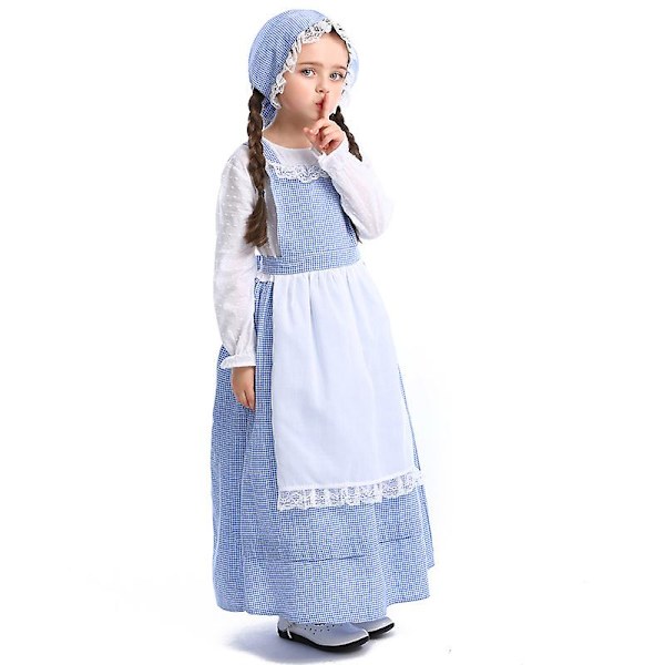 Karneval Blå Kolonialflicka Prärie Pionjär Klänning Kostym Pastoral Piga Set Barn Halloween Cosplay Blue L (140-155cm)