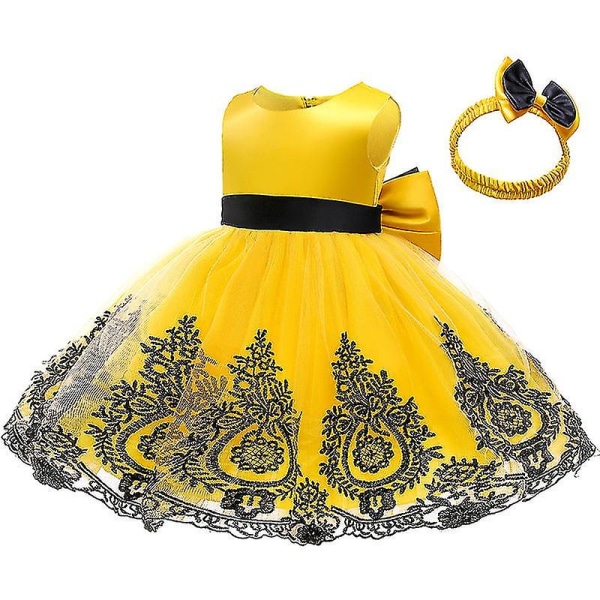 Flickor Prinsessklänning Ärmlös Tutu Broderad Rosett Prinsessklänning Med Hårprydnad Halloween Performance Kostymer Yellow 110cm