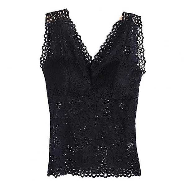 Ny Tank Top V-hals Skjelett Med Innlegg Spaghettistropper Allsidig Sexy Blonde Lang BH Heklet Vest Undertøy Black XXXL