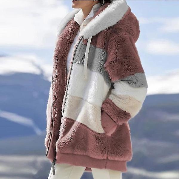 Vinter Kontrasterande Plysch Vadderad Rock Lös Passform Dragkedja Stängning Huva Rock Olika Färg Ytterkläder Red 2XL