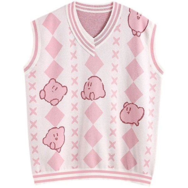 Kawaii Rosa Kirby Vest Søt Kirbys Tegneserie Anime Varm V-hals Strikket Genser Vest Kostyme Leker For Jenter Gaver L 1