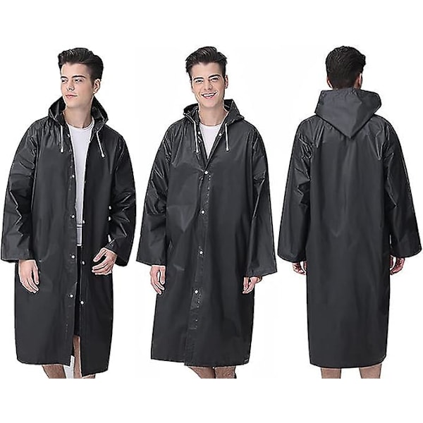 Genanvendelig regnfrakke til voksne, unisex nødregnfrakke, regnfrakke med hætte og snøre black XL