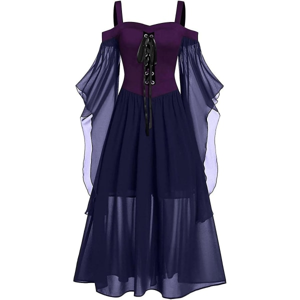 Maxikjole med sommerfugleærmer til kvinder, middelalder punk gotisk tøj, sexet Halloween kostume, kjoler med kolde skuldre og korset B-navy 3X-Large