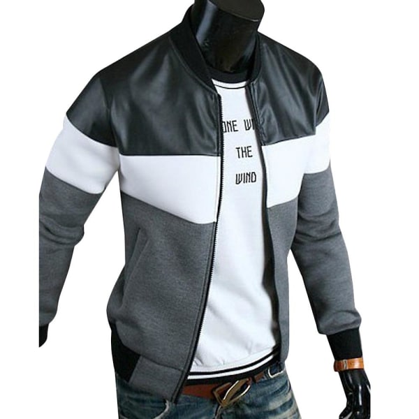 Bomberjakke til mænd Biker Lynlås Jakke Patchwork Overtøj Toppe Dark Grey 2XL