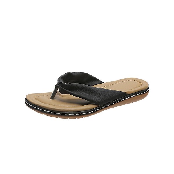 Dame Sløyfe Flip-Flops Tøfler Casual Clip Toe Sandaler Sommer Strand Flate Sko Black 40
