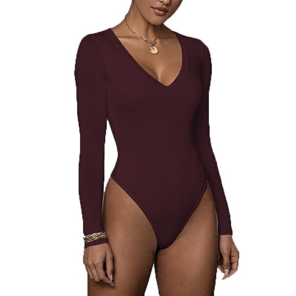 Dame V-hals Langermet Basic Topp Body Leotard Wine Red S