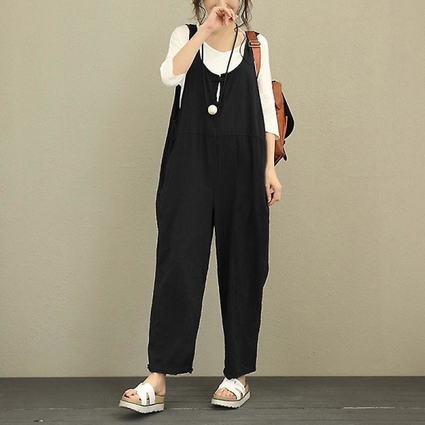 Dam Casual Solid Jumpsuit Lös Baggy Linne Dungarees Byxor Playsuit Overall Romper Black M