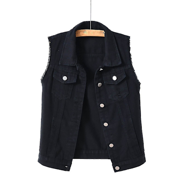 Dame Forår og Efterår Frakker Ensfarvet Ærmeløs Denim Jakke Overtøj Black M