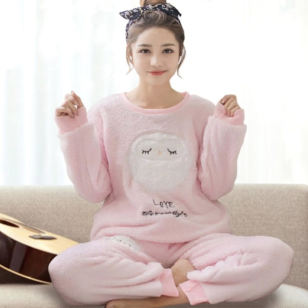 Dam Vinter Flanell Pyjamas Set Söta Tryckta Mjuka Långärmade Topp Och Byxor Loungewear För Kvinnor Flickor Nattkläder Pink Owl L