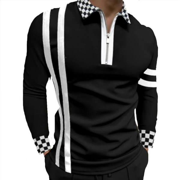 Miesten raidallinen ruudullinen vetoketjullinen V-kauluspoolopaita, rento slim fit, pitkähihainen tyylikäs T-paita Black L