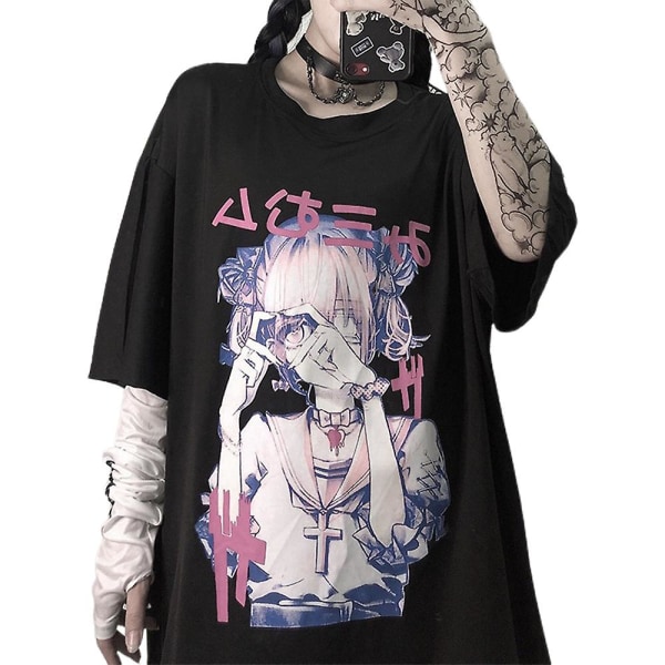 Kvinnors gotiska T-shirt Anime estetiskt tryck Y2k Harajuku Streetwear Sommar Casual Crew Neck Tee Lös Baggy Toppar M