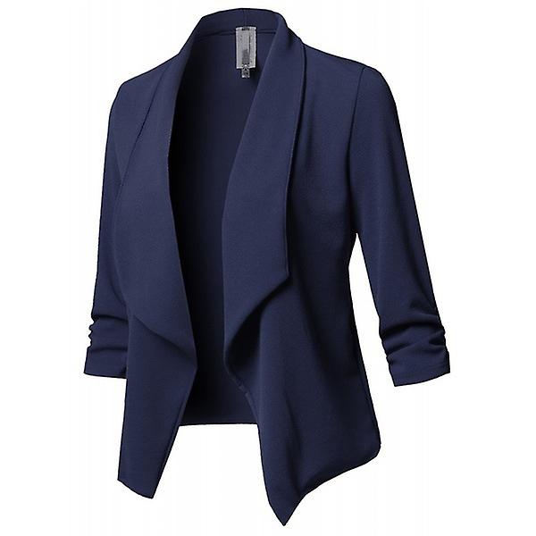 Dame Formel Arbejdsjakke Crop Blazer Jakkesæt Sjal Krave Cardigan Kontordamer Åben Front Frakke Overtøj Navy Blue XL