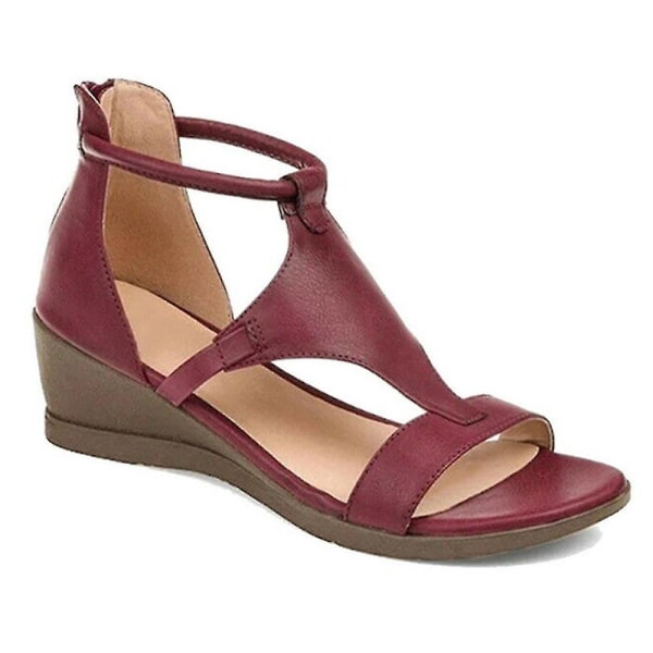 Dame Sandaler med Lav Hæl og Kilehæl Sommer Strand Behagelige Åben Tå Sko Wine Red 36