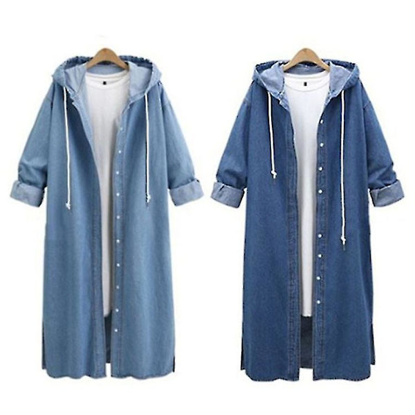 Dame Baggy Denim Jakker Langærmet Snøre Trenchcoat Efterår Hættetrøjer Overfrakker Light Blue XL
