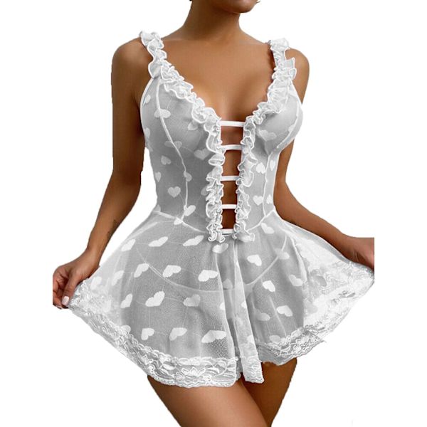 Bästsäljare - Sexig Dam Spets Babydoll Nattlinne Dam Underkläder Sovkläder Plus Storlek White L