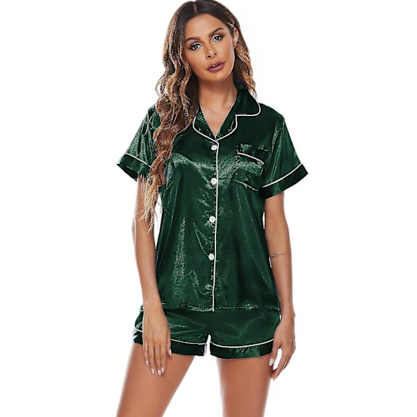 Siden Satin Pyjamas Set Dam Kortärmad Sovkläder Mjuka Pjs Shorts Set Storlek: S green XL