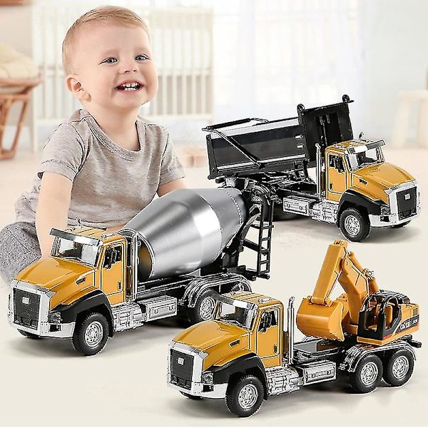 Støbt ingeniørkøretøj Byggekøretøjer Dumper Gravemaskine Mixer Lastbil 1/50 Skala Metal Modelbiler Træk Tilbage Billegetøj 3 STK C