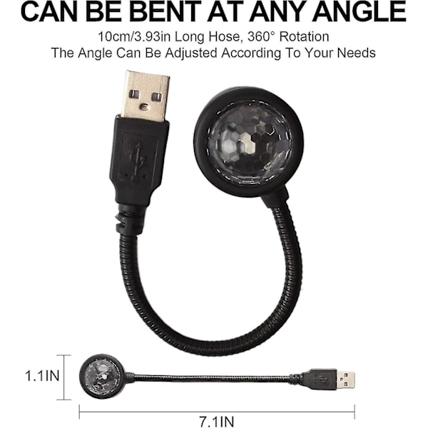 2 stk. USB Nattlys, Discolys Solnedgangslampe, Lydaktivert Strobelys for Dekorering av Bilinteriør, Tak, Spisestue, Soverom, Fest