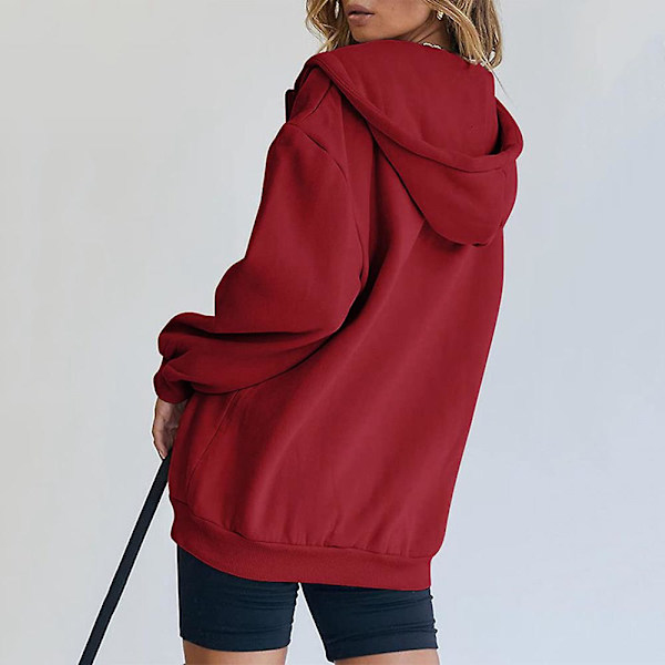 Dam Enfärgad Ledig Lös Jacka med Huva Långärmad Hel Dragkedja Dragsko Huvtröja Kappa Ytterkläder Red XL