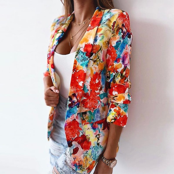 Dame Tie Dye Business Jakker Casual Høstjakke Blomsterprint Blazere Orange L
