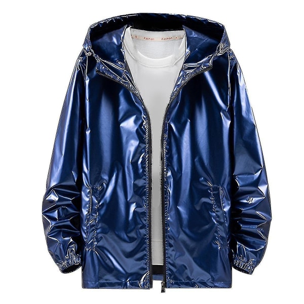 Miesten kiiltävä vedenpitävä hupullinen takki Blue XL