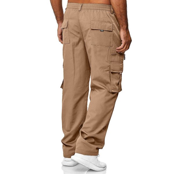 Herr Solid Elastisk Midja Combat Cargo Byxor Casual Lös Rak Ben Byxor Khaki L