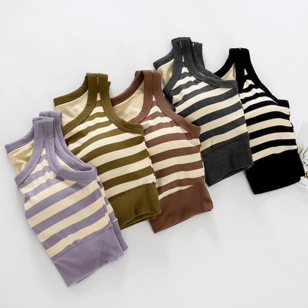 Dame Rund Hals Camisole Stripete Vest Ribbestrikket Tettsittende Ermeløs Crop Tank Topper For Shopping Dates Reise Black M