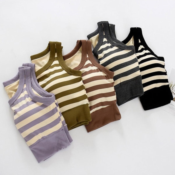 Kvinnors rundhalsad camisole randig väst ribbad stickad figursydd ärmlös crop tank toppar för shoppingdatum resor Purple S