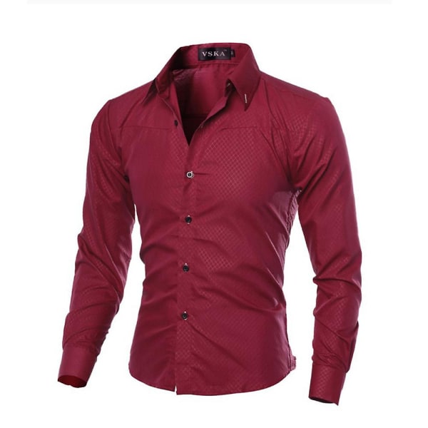 Men Argyle Pattern Slim Fit Dress Shirt Casual Långärmad Party Business Lapel T-shirt Wine Red 3XL