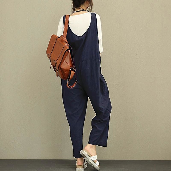 Dam Casual Solid Jumpsuit Lös Baggy Linnebyxor Playsuit Overaller Romper Blue 2XL