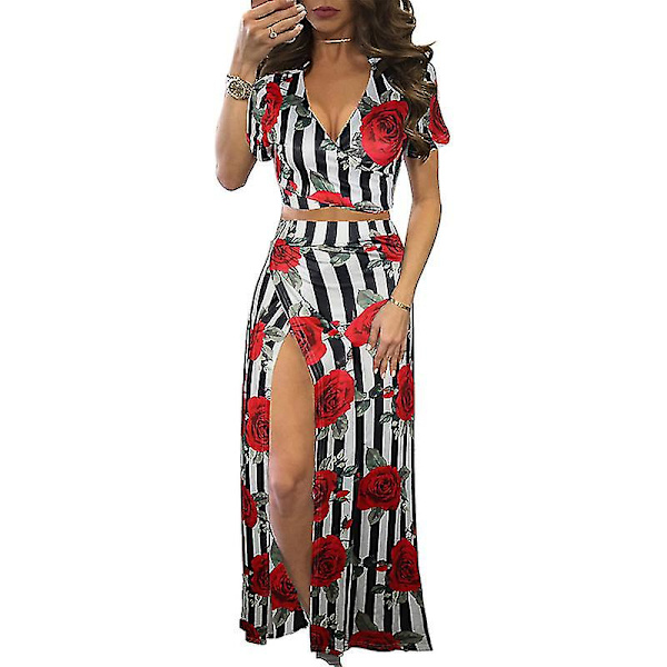 Dame V-hals Ferie Nederdel Sæt Print Crop Top Og Nederdele 2-delt Sæt Høj Talje Dragt Red Stripes M