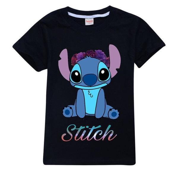 Stitch Boys Girls Söta T-shirts Tees Shirts Crewneck Kortärmad Sommartoppar Ungdomar 7-14 År Black 11-12Years