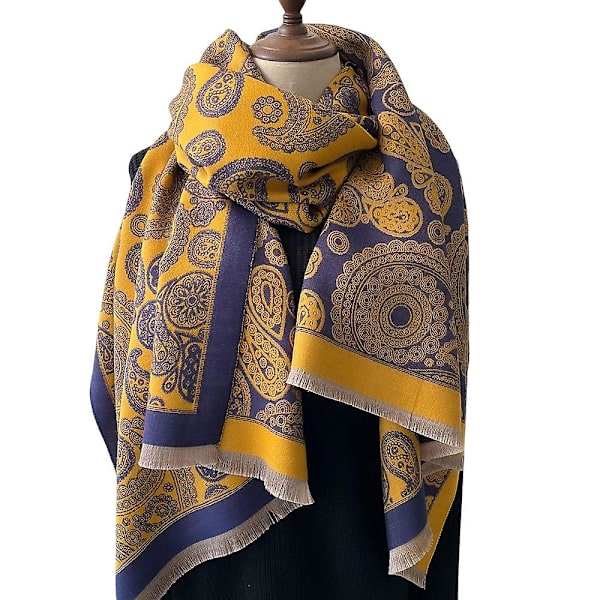 Moteskjerf for kvinner med tykk, varm kasjmirimitasjon med cashewblomstdesign for kaldt vær, utendørs skigåing og sykling Navy Blue Yellow
