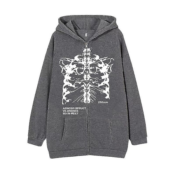 Mörk Sweatshirt med Dragkedja Skelett Hoodie Benprydd Hoodie High Street Hipster Sweatshirt Jacka dark grey-white M