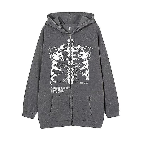 Mørk sweatshirt med lynlås, skelet-hættetrøje, hoodie med knogler, high street hipster sweatshirt jakke dark grey-white S
