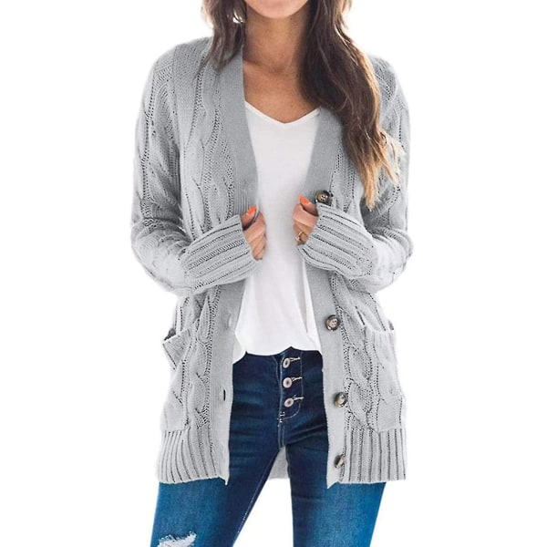 Långärmad kabelstickad kofta för kvinnor med casual kappa i en enfärgad ficka Gray 3XL