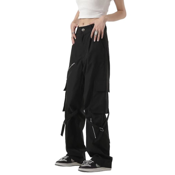 High Street Hip-hop Lynlåsdekoreret Multi-lomme Kran Bukser Dame Høj Talje Hip-hop Spice Girls Løse Lige Casual Bukser Dame BLACK 3XL