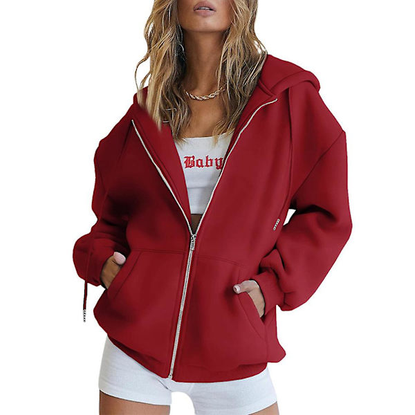 Dam Enfärgad Ledig Lös Jacka med Huva Långärmad Hel Dragkedja Dragsko Huvtröja Kappa Ytterkläder Red XL
