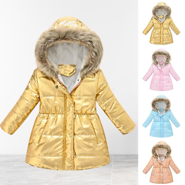 Barnflicka vinterpufferjacka ljus och glänsande färg medellång kappa med huva Sky Blue 140cm