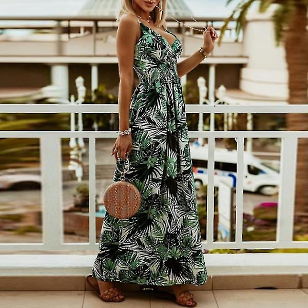 Ärmlös Boho Blommig Slipklänning Dam V-ringad Semester Strand Maxiklänning Green XL